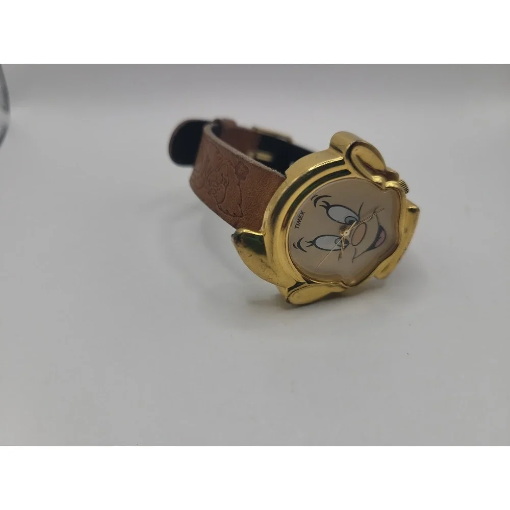 Vintage Disney Dopey Timex Watch Snow White Seven Dwarfs Gold Tone Leather